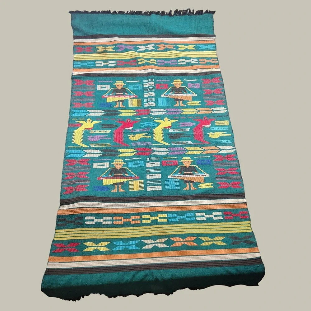 Vintage Handwoven Guatemalan Tapestry Teal Mayan Folk Art Bird Textile 60x30